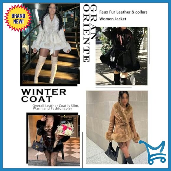 Faux Leather Jacket with Faux Fur Collar, Peplum Parka Coat with Belt, Winter - Picture 6 of 7
